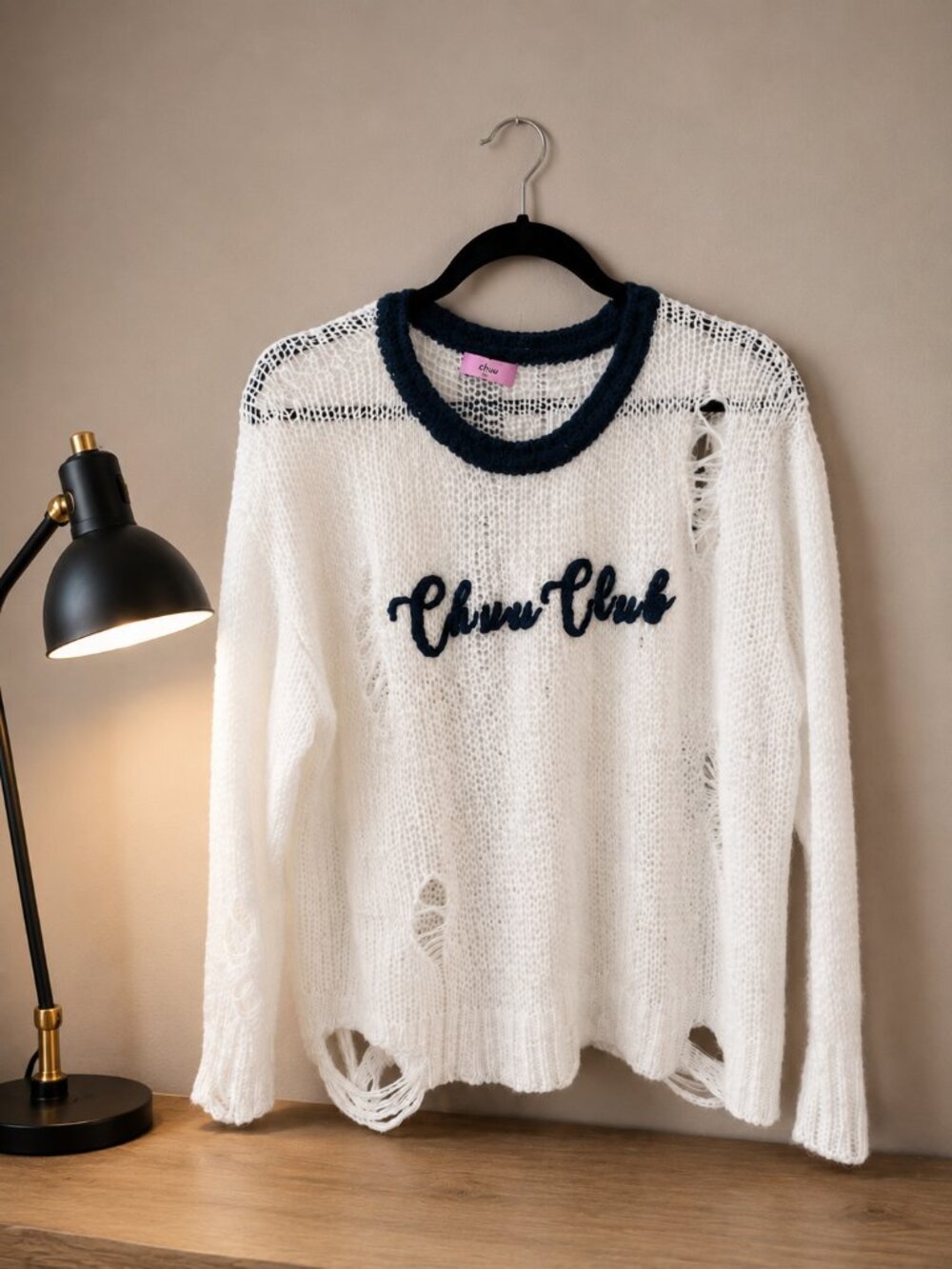 Distressed white Open Knit Sweater | Chunky Long Sleeve | Like New